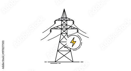Electric power transmission tower illustration with high voltage cables and a yellow lightning bolt icon for energy and utility concepts.