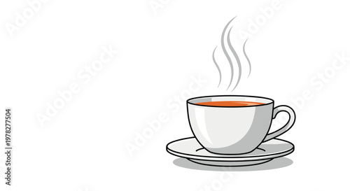 White ceramic cup and saucer filled with hot tea or coffee with rising steam trails isolated on a white background.
