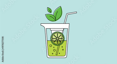 Glass of fresh lime juice with soda bubbles and ice cubes garnished with mint leaves and a straw on light blue background.