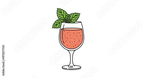 Glass of pink berry smoothie or fruit juice topped with fresh green mint leaves for a healthy and refreshing drink on white.