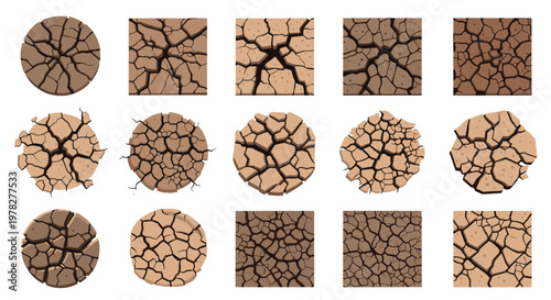 Collection of cracked earth textures is shown in square and circular shapes to represent drought, parched land, and environmental issues.