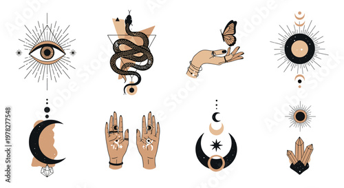Set of esoteric and mystical symbols includes an eye within a triangle, a coiled snake, a butterfly on a hand, and moon phases on white.