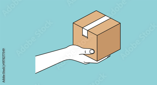 Line art illustration of a human hand holding a brown cardboard box sealed with tape against a light blue background for delivery.