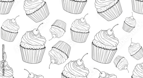 Seamless pattern with black and white line art sketches of delicious cupcakes topped with whipped cream and cherries on white.