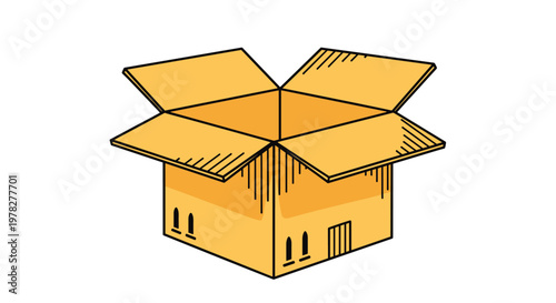 Empty open brown cardboard box with flaps out ready for packing storage or shipping on a clean white background.