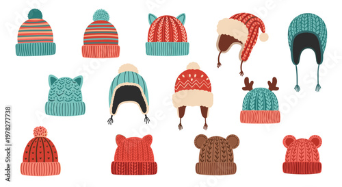 Diverse collection of colorful knitted winter hats and beanies in various styles like pom pom ear flaps and animal ears for kids.