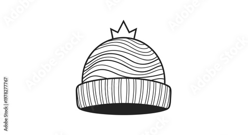 Minimalist black and white line art illustration of a knitted beanie hat topped with a small crown symbol for winter fashion design.