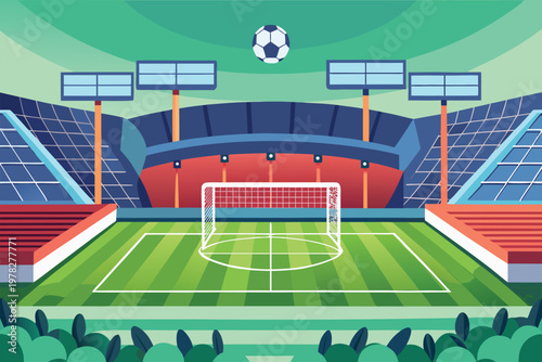 A brightly colored cartoon illustration depicts an empty soccer stadium with a green field