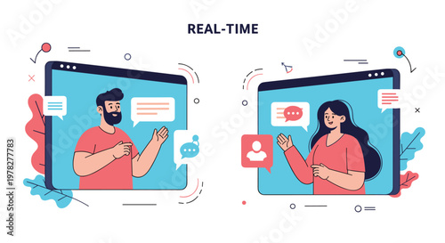Concept of real-time online communication showing a man and a woman video conferencing through computer screens with speech bubbles.