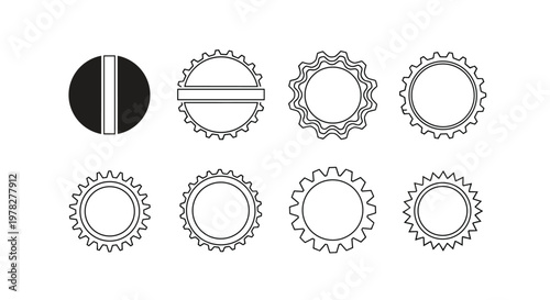 Set of eight black and white circular designs resembling mechanical gears, cogs, or ridged bottle caps for technical applications.