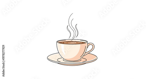 Soft colored illustration of a hot cup of coffee or tea with rising steam resting on a matching saucer against a white background.