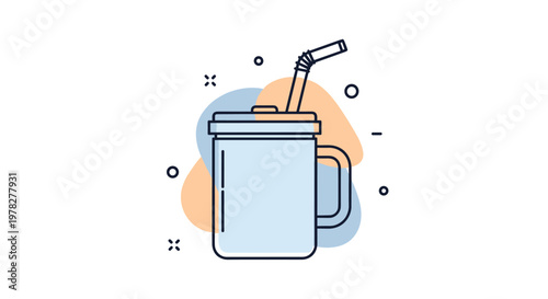 Modern flat line illustration of a lidded drinking cup with a straw set against blue and orange abstract organic background shapes.