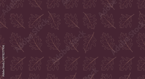 Geometric seamless pattern featuring rows of stylized oak leaf outlines arranged in a neat grid on a deep maroon background color.