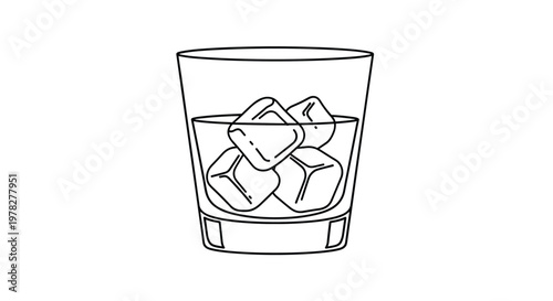 Simple line art illustration of a lowball glass filled with a clear liquid and several large floating ice cubes on white background.