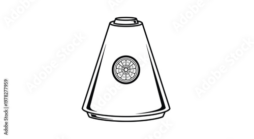 Black and white technical-style illustration of a conical device or container featuring a small citrus fruit slice emblem design.