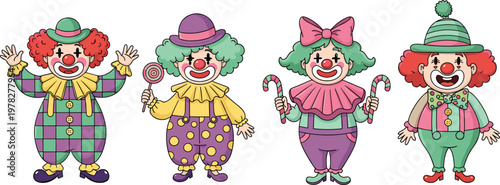 Cute clown characters vector set featuring colorful circus performers with candy and playful costumes in cartoon style illustration isolated on clean background