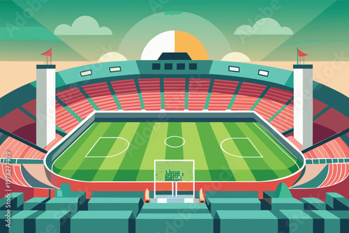 A brightly colored stylized illustration of a large soccer stadium with vibrant seating