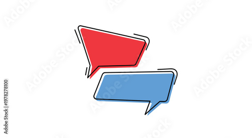 Simple flat illustration of two colorful speech bubbles, one red and one blue, representing a conversation or digital chat icons.