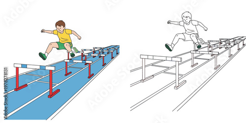Little Boy Jumping Over Hurdles on a Running Track Vector Illustration with Line Art Version for Coloring Book - Children Sports and Athletics Concept