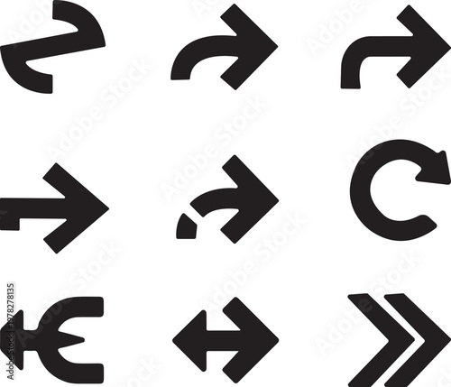 A collection of nine black vector arrow symbols with different shapes and directions on a white background illustrating various navigational and directional concepts