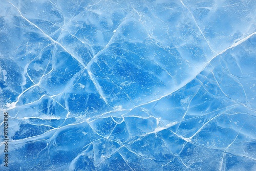 Fractured ice patterns create intricate white lines across a deep blue frozen surface. The natural cracks form a mesmerizing network that highlights the beauty and complexity of frozen water formation