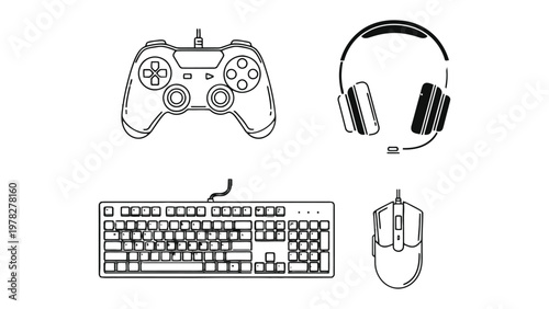 Gaming Essentials: A collection of essential gaming accessories, including a gamepad, headset, keyboard, and mouse, perfect for an immersive gaming experience. 