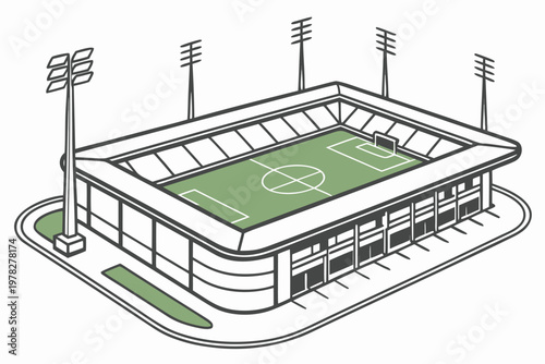 An illustrative depiction of a green soccer stadium with tall light poles surrounding it