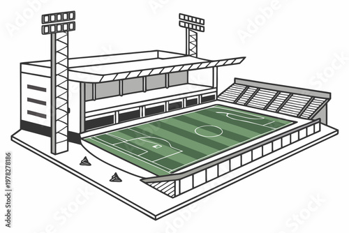 A simple line drawing depicts a soccer stadium with floodlights and seating areas