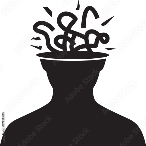 Abstract silhouette of a persons head filled with chaotic tangled lines representing confused thoughts or ideas