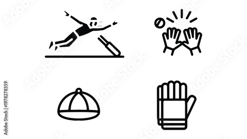 Cricket Icon Set: An illustrated collection of iconic cricket elements, perfect for design and sports-related projects.