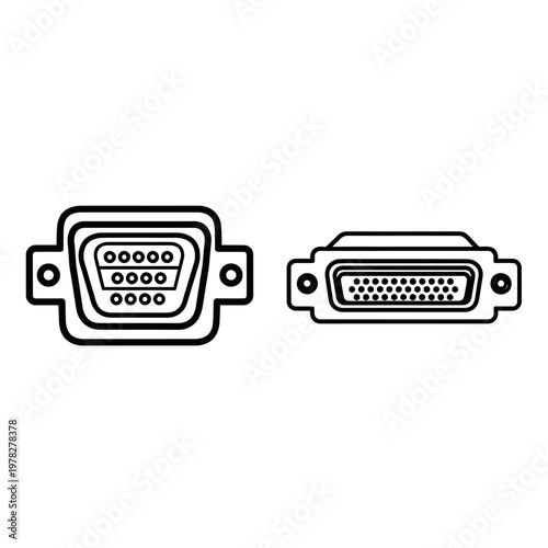 Two computer hardware connectors, a female VGA and a male D-sub connector, depicted in a simple line art style on a white background