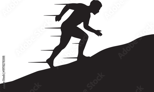 Dynamic silhouette of a determined male athlete running uphill with speed lines indicating rapid movement and forward momentum