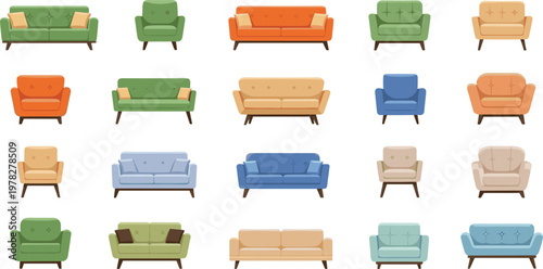 Modern Furniture Vector Set Featuring Various Colorful Sofas And Armchairs For Interior Design Living Room Decor Home Furnishing And Real Estate Graphic Designs In Flat Style