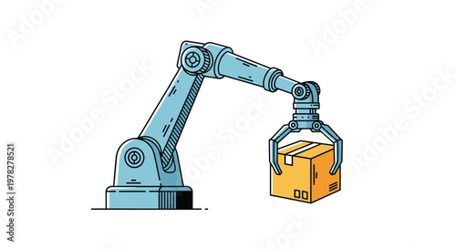 Industrial robotic arm holding a cardboard box representing automated logistics and delivery process in modern smart warehouse.