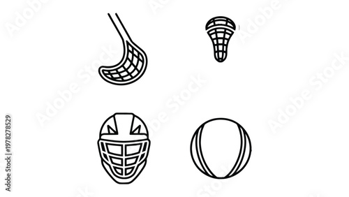 Lacrosse Equipment Illustration: A detailed line art illustration of the essential tools of lacrosse, including a stick, head, helmet and ball, set against a simple backdrop.