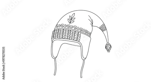 Line art drawing of cozy winter hat with earflaps and tassel featuring traditional Nordic patterns and stylized leaf detail.