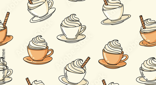 Seamless pattern of coffee cups with whipped cream and wafer sticks on light background for cafe and bakery menu decorations.