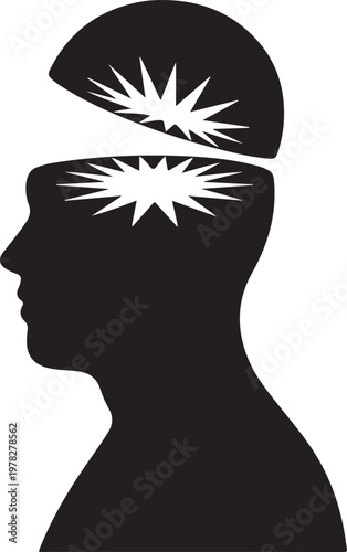 Stylized silhouette of a human head with an open cap revealing a bright starburst explosion inside depicting a sudden idea or epiphany