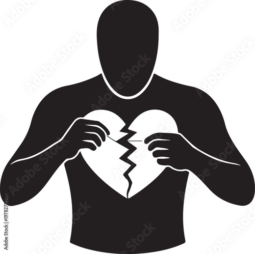 Symbolic illustration of a persons silhouette holding a broken heart with jagged edges representing emotional pain or heartbreak isolated on a transparent background