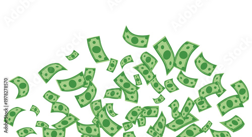 Illustration of numerous green dollar bills falling like rain or confetti against a clean white background depicting wealth and success.