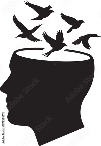 Symbolic illustration of birds taking flight from an open silhouette of a human head representing freedom of thought and creativity