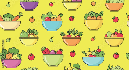Colorful seamless pattern of various fruit and vegetable bowls on bright yellow background for healthy eating and diet concepts.