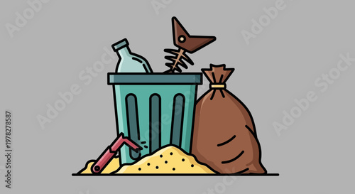 Trash can overflowing with garbage including bottles, plastic straw, fish skeleton, and a trash bag, representing waste and pollution