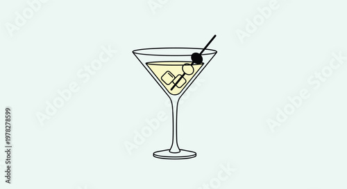 Elegant martini cocktail with green olives on a toothpick and ice cubes in glass isolated on light blue background for nightlife.