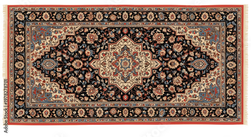 Traditional Persian carpet pattern with intricate floral motifs and central medallion design surrounded by a decorative red border.