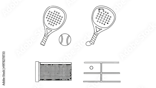 Padel Essentials: Illustrative rendering of a padel set featuring two rackets, a ball, a net and a section of the court, showcasing the equipment necessary for play.