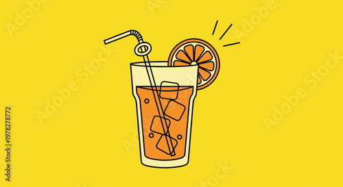 Refreshing glass of iced orange juice with straw and citrus slice garnish on vibrant yellow background for summer beverage menu.