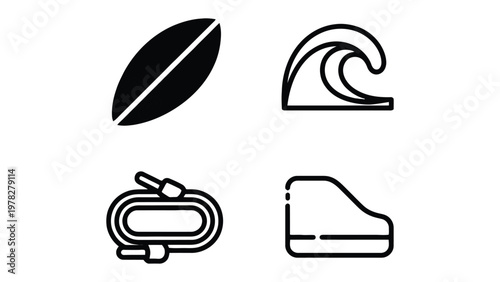 Surf Essentials: A collection of minimalist icons showcases a surfboard, ocean wave, hose, and a shape, representing the core elements of surfing. 