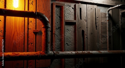 Industrial pipes and wooden wall in dim lighting.
