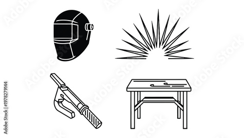 Welding Equipment Illustration: Detailed black and white illustrations of essential welding tools, including a protective mask, a welding gun, a welding table, and a symbol of radiant welding sparks.